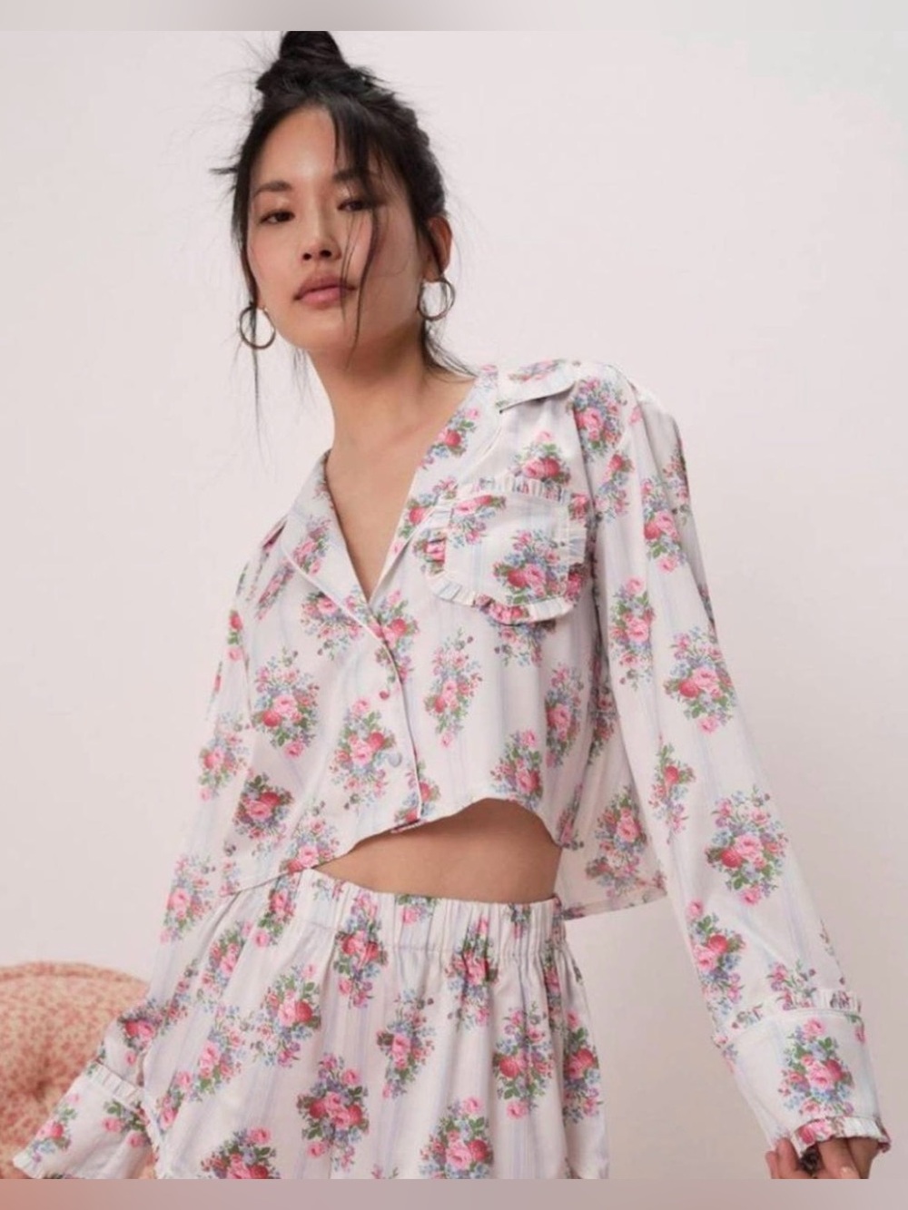 For Love And Lemons Pink & White Cropped Floral Button-Front Top